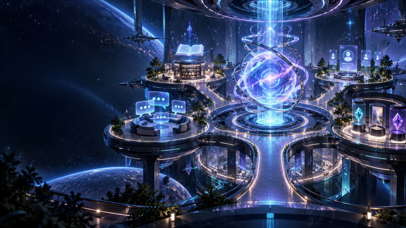 Futuristic HubNova Community world with connected spaces for knowledge, chat, profiles, and collectibles