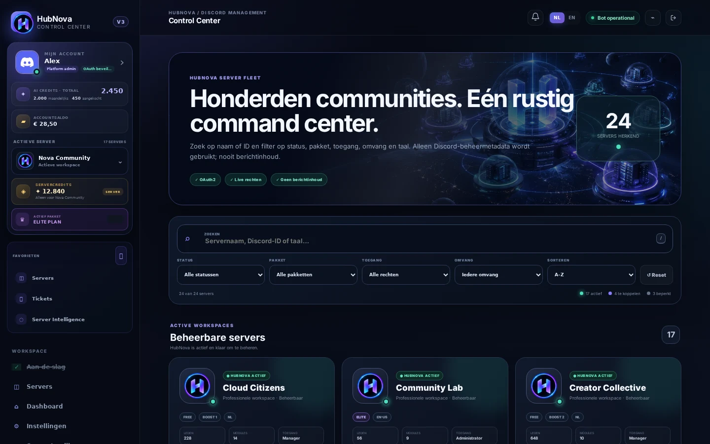 Het echte HubNova serverbeheer met filters